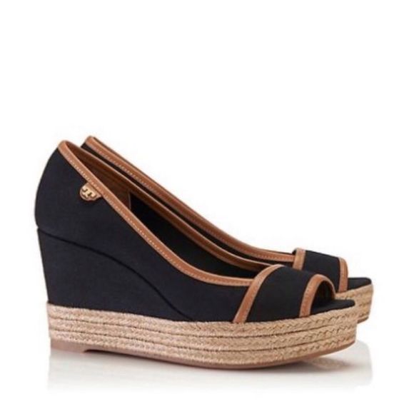 Tory Burch | Black Majorca Peep Toe Canvas Wedge | 9 - Picture 5 of 15
